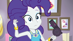 Size: 1920x1080 | Tagged: safe, screencap, character:rarity, episode:do it for the ponygram!, g4, my little pony:equestria girls, alternate hairstyle, female, hair dryer, hairstyle swap, pinkie pie hair, pinkity, rarity's bedroom, solo