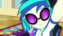 Size: 1920x1080 | Tagged: safe, screencap, character:dj pon-3, character:vinyl scratch, episode:do it for the ponygram!, g4, my little pony:equestria girls, dj booth, female, peace sign, selfie, smiling, solo, sunglasses