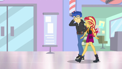 Size: 1280x720 | Tagged: safe, screencap, character:flash sentry, character:sunset shimmer, episode:do it for the ponygram!, g4, my little pony:equestria girls, barbershop pole, boots, canterlot mall, converse, cute, diasentres, legs, mall, shimmerbetes, shipping fuel, shoes, sneakers, walking