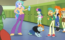Size: 1161x720 | Tagged: safe, screencap, character:bon bon, character:princess celestia, character:principal celestia, character:sandalwood, character:scribble dee, character:snails, character:snips, character:sweetie drops, episode:do it for the ponygram!, g4, my little pony:equestria girls, background human, boots, clothing, dress, female, golden hazel, lipstick, lockers, male, pants, shoes, water bottle