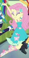 Size: 277x555 | Tagged: safe, screencap, character:fluttershy, character:rainbow dash, character:sunset shimmer, episode:do it for the ponygram!, g4, my little pony:equestria girls, adorasexy, beautiful, cropped, cute, geode of fauna, happy, jumping, lockers, magical geodes, offscreen character, sexy, shyabetes