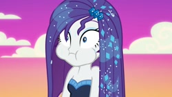 Size: 1920x1080 | Tagged: safe, screencap, character:rarity, episode:do it for the ponygram!, episode:the other side, g4, my little pony:equestria girls, bare shoulders, blooper, cheeks, sleeveless, strapless, the other side bloopers, wet, wet hair, wet hairity