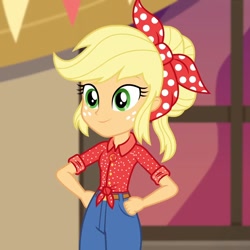 Size: 1080x1080 | Tagged: safe, screencap, character:applejack, episode:do it for the ponygram!, g4, my little pony:equestria girls, clothing, cropped, female, freckles, hands on hip, jeans, pants, smiling