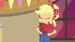 Size: 1920x1080 | Tagged: safe, screencap, character:applejack, episode:do it for the ponygram!, episode:five to nine, g4, my little pony:equestria girls, animated, annoyed, applejack is not amused, bandana, blonde, blooper, eyes closed, freckles, geode of super strength, loose hair, magical geodes, oh apple fudge, poofy hair, smiling, solo, sound, talking, unamused, webm
