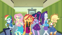 Size: 1920x1080 | Tagged: safe, screencap, character:applejack, character:fluttershy, character:rainbow dash, character:rarity, character:sunset shimmer, character:twilight sparkle, character:twilight sparkle (scitwi), species:eqg human, episode:do it for the ponygram!, g4, my little pony:equestria girls, canterlot high, clothing, eyes closed, eyeshadow, faec, geode of empathy, geode of shielding, geode of super speed, geode of super strength, geode of telekinesis, group shot, hallway, lockers, looking at you, magical geodes, makeup, nervous, pencil skirt, playing with hair, pose, skirt, smiling, varying degrees of want