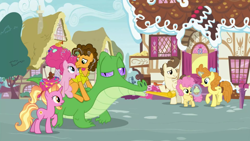 Size: 1920x1080 | Tagged: safe, screencap, character:cheese sandwich, character:gummy, character:li'l cheese, character:luster dawn, character:pinkie pie, character:pound cake, character:pumpkin cake, species:earth pony, species:pegasus, species:pony, species:unicorn, ship:cheesepie, episode:the last problem, g4, my little pony: friendship is magic, cake twins, cuddling, female, filly, glowing horn, horn, looking at each other, magic, male, mare, older, older gummy, older pound cake, older pumpkin cake, open mouth, party horn, ponies riding gators, pony history, riding, shipping, siblings, stallion, straight, telekinesis, twins