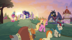 Size: 1920x1080 | Tagged: safe, screencap, character:applejack, character:fluttershy, character:luster dawn, character:pinkie pie, character:rainbow dash, character:rarity, character:spike, character:twilight sparkle, character:twilight sparkle (alicorn), species:alicorn, species:dragon, species:earth pony, species:griffon, species:kirin, species:pegasus, species:pony, species:unicorn, species:yak, episode:the last problem, g4, my little pony: friendship is magic, apple farm, gallop j. fry, georgia (character), gigachad spike, happy ending, male, mane six, older, older gallop j. fry, older spike, ponyville, princess twilight 2.0, river song (character), sky, winged spike, yelena