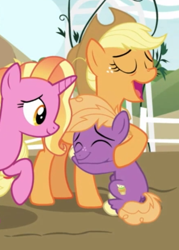 Size: 440x615 | Tagged: safe, screencap, character:applejack, character:little mac, character:luster dawn, species:earth pony, species:pony, species:unicorn, episode:the last problem, g4, my little pony: friendship is magic, aunt and nephew, colt, cropped, cutie mark, eyes closed, female, hug, male, mare, older applejack, smiling