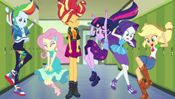 Size: 1920x1080 | Tagged: safe, screencap, character:applejack, character:fluttershy, character:rainbow dash, character:rarity, character:sunset shimmer, character:twilight sparkle, character:twilight sparkle (scitwi), species:eqg human, episode:do it for the ponygram!, g4, my little pony:equestria girls, applejack's hat, belt, boots, canterlot high, clothing, converse, cowboy boots, cowboy hat, cute, denim skirt, dress, glasses, group photo, hallway, hat, high heel boots, high heels, jumping, lockers, magic skirt, miniskirt, pants, physics, ponytail, selfie, shoes, skirt, sneakers, socks, stetson