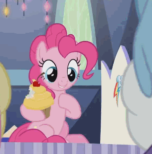 Size: 305x310 | Tagged: safe, screencap, character:cheese sandwich, character:fluttershy, character:pinkie pie, character:rainbow dash, character:rarity, species:pony, episode:the last laugh, g4, my little pony: friendship is magic, animated, cropped, cupcake, cute, female, food, happy, invitation, mare, sitting, smiling, talking