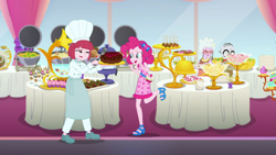 Size: 1920x1080 | Tagged: safe, screencap, character:chelsea porcelain, character:mr. waddle, character:pinkie pie, equestria girls:spring breakdown, g4, my little pony:equestria girls, cake, food, puffed pastry, sleeveless, spatula