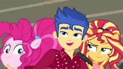 Size: 1030x576 | Tagged: safe, screencap, character:flash sentry, character:pinkie pie, character:sunset shimmer, episode:cheer you on, g4, my little pony:equestria girls, ponied up, shipping fuel, super ponied up