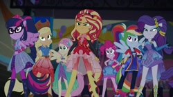 Size: 2048x1152 | Tagged: safe, screencap, character:applejack, character:fluttershy, character:pinkie pie, character:rainbow dash, character:rarity, character:sunset shimmer, character:twilight sparkle, character:twilight sparkle (scitwi), species:eqg human, episode:cheer you on, g4, my little pony:equestria girls, canterlot high, clothing, confident, female, geode, geode of empathy, geode of shielding, geode of super speed, geode of super strength, geode of telekinesis, glasses, gymnasium, humane five, humane seven, humane six, magical geodes, ponied up, scitwilicorn, shorts, sleeveless, smiling, smirk, super ponied up, upscaled