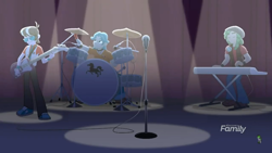 Size: 1280x720 | Tagged: safe, screencap, character:ringo, character:sandalwood, episode:cheer you on, g4, my little pony:equestria girls, brawly beats, clothing, drums, guitar, male, microphone, musical instrument, pants, ringo, shoes, trio