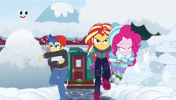 Size: 1144x656 | Tagged: safe, screencap, character:flash sentry, character:pinkie pie, character:sunset shimmer, equestria girls:holidays unwrapped, g4, my little pony:equestria girls, clothing, female, hat, male, plusplus, running, snow, snowball fight, winter outfit