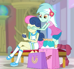 Size: 530x491 | Tagged: safe, screencap, character:bon bon, character:lyra heartstrings, character:sweetie drops, equestria girls:holidays unwrapped, g4, my little pony:equestria girls, covering eyes, cropped, dashing through the mall, female, guess who, leg focus