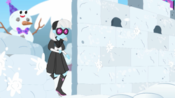 Size: 1280x720 | Tagged: safe, screencap, character:photo finish, equestria girls:holidays unwrapped, g4, my little pony:equestria girls, boots, clothing, female, glasses, hat, high heel boots, plusplus, shoes, skirt, snow, snow fort, snowball, snowball fight, snowman, sunglasses, winter outfit
