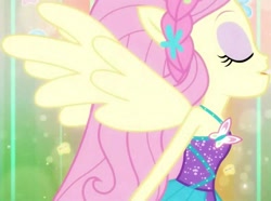 Size: 1547x1152 | Tagged: safe, screencap, character:fluttershy, episode:cheer you on, g4, my little pony:equestria girls, clothing, cropped, dress, eyes closed, geode of fauna, magical geodes, ponied up, sleeveless, smiling, solo, super ponied up, transformation, wings
