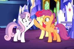 Size: 1019x671 | Tagged: safe, screencap, character:apple bloom, character:scootaloo, character:sweetie belle, species:earth pony, species:pegasus, species:pony, species:unicorn, episode:growing up is hard to do, g4, my little pony: friendship is magic, cropped, cutie mark, cutie mark crusaders, excited, eyes closed, female, friendship throne, hoofbump, looking at each other, mare, older, older apple bloom, older cmc, older scootaloo, older sweetie belle, smiling, the cmc's cutie marks, trio