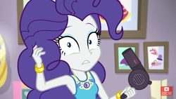 Size: 1280x720 | Tagged: safe, screencap, character:rarity, episode:do it for the ponygram!, g4, my little pony:equestria girls, alternate hairstyle, hair dryer, hairstyle swap, pinkie pie hair, shrunken pupils, solo