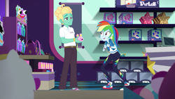 Size: 1280x720 | Tagged: safe, screencap, character:rainbow dash, character:zephyr breeze, equestria girls:holidays unwrapped, g4, my little pony:equestria girls, camera, clothing, converse, dashing through the mall, female, geode of super speed, magical geodes, male, no socks, pants, pink camera, plusplus, shoes, smiling, sneakers, toy