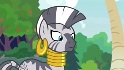 Size: 1920x1080 | Tagged: safe, screencap, character:zecora, species:pony, species:zebra, episode:she talks to angel, g4, my little pony: friendship is magic, ear piercing, earring, female, jewelry, mare, neck rings, piercing, solo