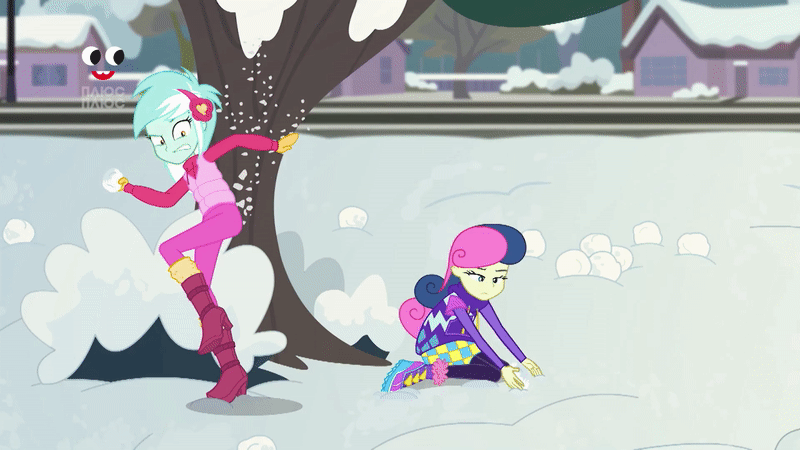 Size: 800x450 | Tagged: safe, screencap, character:bon bon, character:lyra heartstrings, character:sweetie drops, equestria girls:holidays unwrapped, g4, my little pony:equestria girls, aiming, animated, bush, earmuffs, gif, loop, outdoors, plusplus, snow, snowball, snowball fight, teamwork, throwing, tree