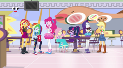 Size: 1274x714 | Tagged: safe, screencap, character:applejack, character:fluttershy, character:pinkie pie, character:rainbow dash, character:rarity, character:sunset shimmer, character:twilight sparkle, character:twilight sparkle (scitwi), species:eqg human, equestria girls:holidays unwrapped, g4, my little pony:equestria girls, applejack's hat, belt, boots, camera, canterlot mall, clothing, cowboy boots, cowboy hat, denim skirt, eyes closed, female, geode of empathy, geode of sugar bombs, geode of super speed, geode of super strength, geode of telekinesis, hat, high heel boots, high heels, humane five, humane seven, humane six, laughing, legs, magical geodes, miniskirt, pantyhose, pink camera, plusplus, shirt, shoes, skirt, table