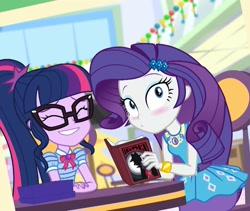 Size: 1280x1080 | Tagged: safe, screencap, character:rarity, character:twilight sparkle, character:twilight sparkle (scitwi), species:eqg human, equestria girls:holidays unwrapped, g4, my little pony:equestria girls, blushing, book, cropped, detective rarity, geode of shielding, geode of telekinesis, magical geodes, shadow spade, smiling