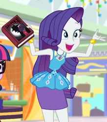 Size: 840x960 | Tagged: safe, screencap, character:rarity, character:twilight sparkle, character:twilight sparkle (scitwi), species:eqg human, equestria girls:holidays unwrapped, g4, my little pony:equestria girls, book, cropped, detective rarity, happy, pencil skirt, pony waifu sim, shadow spade, solo focus