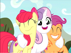 Size: 1046x774 | Tagged: safe, screencap, character:apple bloom, character:scootaloo, character:sweetie belle, species:earth pony, species:pegasus, species:pony, species:unicorn, episode:growing up is hard to do, g4, my little pony: friendship is magic, adorabloom, cropped, cute, cutealoo, cutie mark, cutie mark crusaders, diasweetes, excited, eyes closed, female, happy, hug, mare, older, older apple bloom, older cmc, older scootaloo, older sweetie belle, smiling, the cmc's cutie marks, trio
