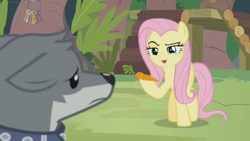 Size: 1366x768 | Tagged: safe, screencap, character:angel bunny, character:fluttershy, species:pegasus, species:pony, species:wolf, episode:she talks to angel, g4, my little pony: friendship is magic, animal abuse, body swap, carrot, collar, cruel, cruel and unusual punishment, female, floppy ears, food, key, keychain, mare, not fluttershy, platform, raised eyebrow, sad, sandra, whining