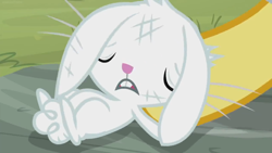 Size: 1366x768 | Tagged: safe, screencap, character:angel bunny, character:doctor fauna, character:fluttershy, species:rabbit, episode:she talks to angel, g4, my little pony: friendship is magic, animal, body swap, dirty, exhausted, eyes closed, frazzled, hoof hold, male, not angel bunny, solo focus, tired