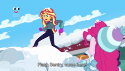Size: 1912x1080 | Tagged: safe, screencap, character:pinkie pie, character:sunset shimmer, equestria girls:holidays unwrapped, g4, my little pony:equestria girls, implied flash sentry, out of context, plusplus, snow, snowball, subtitles