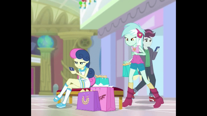 Size: 800x450 | Tagged: safe, screencap, character:bon bon, character:lyra heartstrings, character:sweetie drops, ship:lyrabon, equestria girls:holidays unwrapped, g4, my little pony:equestria girls, animated, background characters doing background things, background human, bag, covering eyes, cropped, crossed legs, female, gif, guess who, happy, leaning forward, lesbian, present, seat, shipping, shopping mall, sitting, smiling, track starr, walking