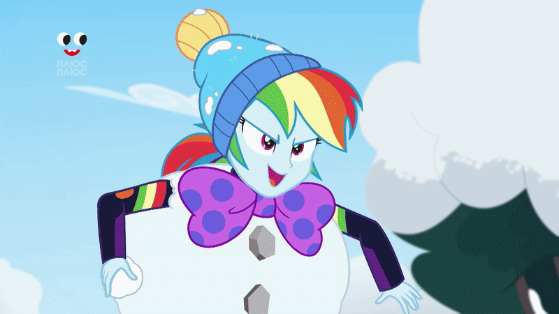 Size: 800x450 | Tagged: safe, screencap, character:pinkie pie, character:rainbow dash, character:rarity, equestria girls:holidays unwrapped, g4, my little pony:equestria girls, animated, annoyed, bow tie, food, gif, holding, oh come on, outdoors, plusplus, rarity is not amused, saving pinkie's pie, shield, sidewalk, smug smile, snow, snowball, snowman, throwing, unamused, winter clothes