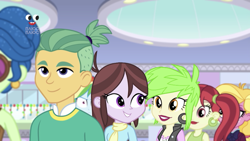 Size: 1334x750 | Tagged: safe, screencap, character:cherry crash, character:rainbow dash, character:velvet sky, equestria girls:holidays unwrapped, g4, my little pony:equestria girls, background human, cherry crash, clothing, dashing through the mall, ear piercing, guy grove, laurel jade, mall, piercing, plusplus, ponytail, rose heart, scarf, taffy shade, velvet sky