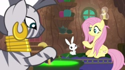 Size: 1920x1080 | Tagged: safe, screencap, character:angel bunny, character:fluttershy, character:zecora, species:pegasus, species:pony, species:rabbit, species:zebra, episode:she talks to angel, g4, my little pony: friendship is magic, animal, cauldron, ear piercing, earring, female, jewelry, male, mare, neck rings, piercing, trio