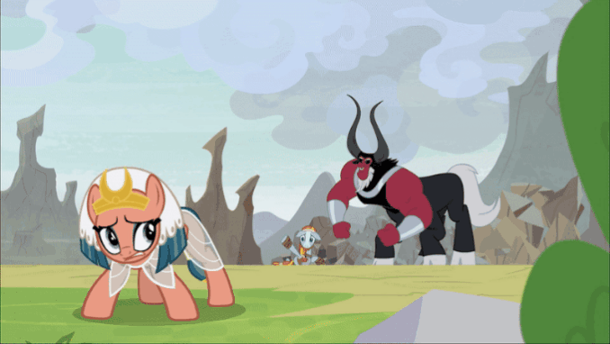 Size: 678x382 | Tagged: safe, screencap, character:lord tirek, character:rockhoof, character:somnambula, species:centaur, species:earth pony, species:pegasus, species:pony, episode:the ending of the end, g4, my little pony: friendship is magic, leak, animated, cloven hooves, colored hooves, eyes closed, fleeing, flying, gif, male, nose piercing, nose ring, piercing, satisfied, scared, slam, smug smile, wings