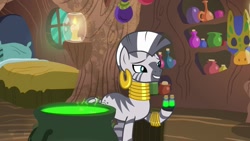 Size: 1920x1080 | Tagged: safe, screencap, character:zecora, species:pony, species:zebra, episode:she talks to angel, g4, my little pony: friendship is magic, bed, candle, cauldron, ear piercing, earring, female, jewelry, leg rings, mare, neck rings, piercing, potion, solo, vial, zecora's hut