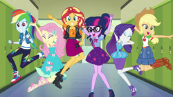 Size: 1920x1080 | Tagged: safe, screencap, character:applejack, character:fluttershy, character:rainbow dash, character:rarity, character:sunset shimmer, character:twilight sparkle, character:twilight sparkle (scitwi), species:eqg human, episode:do it for the ponygram!, g4, my little pony:equestria girls, armpits, beautiful, canterlot high, clothing, converse, cute, dashabetes, eyes closed, eyeshadow, geode of empathy, geode of fauna, geode of shielding, geode of super speed, geode of telekinesis, group shot, happy, high school musical, jackabetes, jumping, lockers, magical geodes, makeup, pencil skirt, photo, raribetes, reference, selfie, shimmerbetes, shoes, shyabetes, skirt, twiabetes, youtube