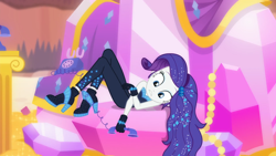 Size: 1920x1080 | Tagged: safe, screencap, character:rarity, episode:do it for the ponygram!, episode:the other side, g4, my little pony:equestria girls, bare shoulders, blooper, bodysuit, clothing, cute, female, gloves, high heels, phone, raribetes, rotary phone, shoes, sleeveless, solo, strapless, tangled up, telephone cord, the other side bloopers, unitard