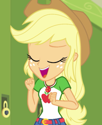 Size: 584x719 | Tagged: safe, screencap, character:applejack, equestria girls:holidays unwrapped, g4, my little pony:equestria girls, applejack's hat, clothing, cowboy hat, cropped, eyes closed, female, geode of super strength, hat, lockers, magical geodes, smiling