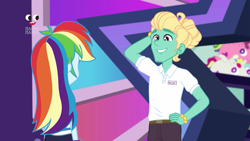 Size: 1280x720 | Tagged: safe, screencap, character:rainbow dash, character:zephyr breeze, equestria girls:holidays unwrapped, g4, my little pony:equestria girls, arm behind head, canterlot mall, clothing, cute, dashing through the mall, nervous grin, pants, plusplus, smiling, zephyrbetes