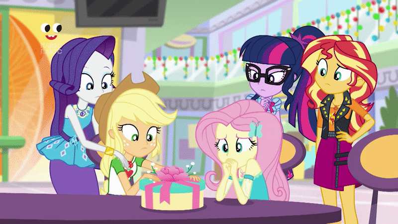 Size: 800x450 | Tagged: safe, screencap, character:applejack, character:rarity, character:sunset shimmer, character:twilight sparkle, character:twilight sparkle (scitwi), species:eqg human, equestria girls:holidays unwrapped, g4, my little pony:equestria girls, animated, arm around back, clothing, confused, freckles, gasp, geode of empathy, geode of fauna, geode of shielding, geode of super strength, geode of telekinesis, giddy, gif, gift box, glasses, gold, hair ornament, hammer, hand on shoulder, happy, hat, hug, looking at each other, magical geodes, photo, plusplus, present, raised eyebrow, shopping mall, surprised, worried