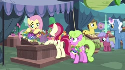 Size: 1920x1080 | Tagged: safe, screencap, character:angel bunny, character:daisy, character:fluttershy, character:pokey pierce, character:roseluck, species:earth pony, species:pony, species:unicorn, episode:she talks to angel, g4, my little pony: friendship is magic, background pony, body swap, bouquet, butt, country roads, female, filly, flower, foal, friendship student, gooseberry, magic, magic aura, male, mare, plot, stallion, telekinesis