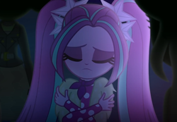 Size: 1562x1080 | Tagged: safe, screencap, character:aria blaze, character:scribble dee, episode:find the magic, g4, my little pony:equestria girls, ascot, cropped, crossed arms, eyes closed, female, pigtails, polka dots, sad, twintails
