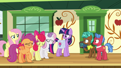 Size: 1920x1080 | Tagged: safe, screencap, character:apple bloom, character:biscuit, character:fluttershy, character:scootaloo, character:spur, character:sweetie belle, character:twilight sparkle, character:twilight sparkle (alicorn), species:alicorn, species:earth pony, species:pegasus, species:pony, episode:growing up is hard to do, g4, my little pony: friendship is magic, cutie mark, cutie mark crusaders, female, male, mare, older, older apple bloom, older cmc, older scootaloo, older sweetie belle, saddle bag, the cmc's cutie marks, train station