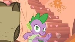 Size: 1176x662 | Tagged: safe, screencap, character:owlowiscious, character:spike, episode:owl's well that ends well, g4, my little pony: friendship is magic, ei, hub logo, youtube caption