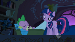 Size: 1680x945 | Tagged: safe, screencap, character:spike, character:twilight sparkle, episode:owl's well that ends well, g4, my little pony: friendship is magic, ei, hub logo, out of context